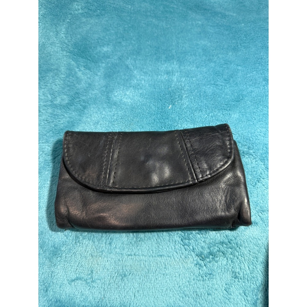 Black Leather Trifold Wallet Magnetic Snap Zippered Coin‎ Pocket Soft Minimalist